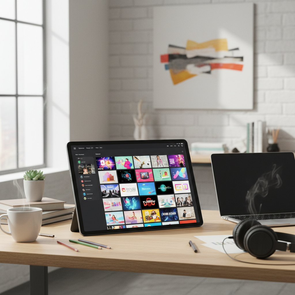 Dynamic YouTube video intro animation frames displayed on laptop screen in creative workspace