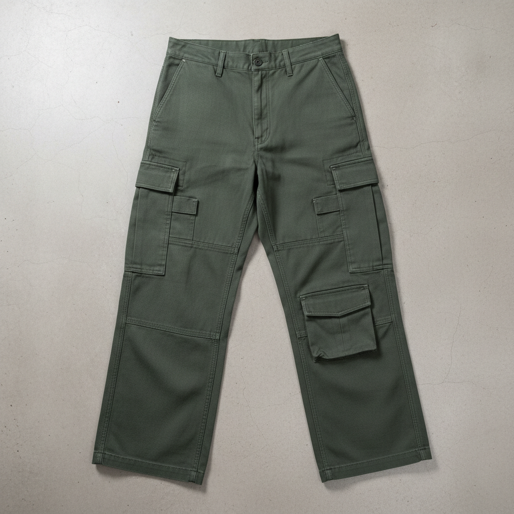 Black cargo trousers editorial product shot