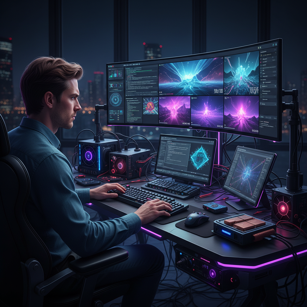 Persona trabajando con múltiples pantallas mostrando código y análisis de datos de IA