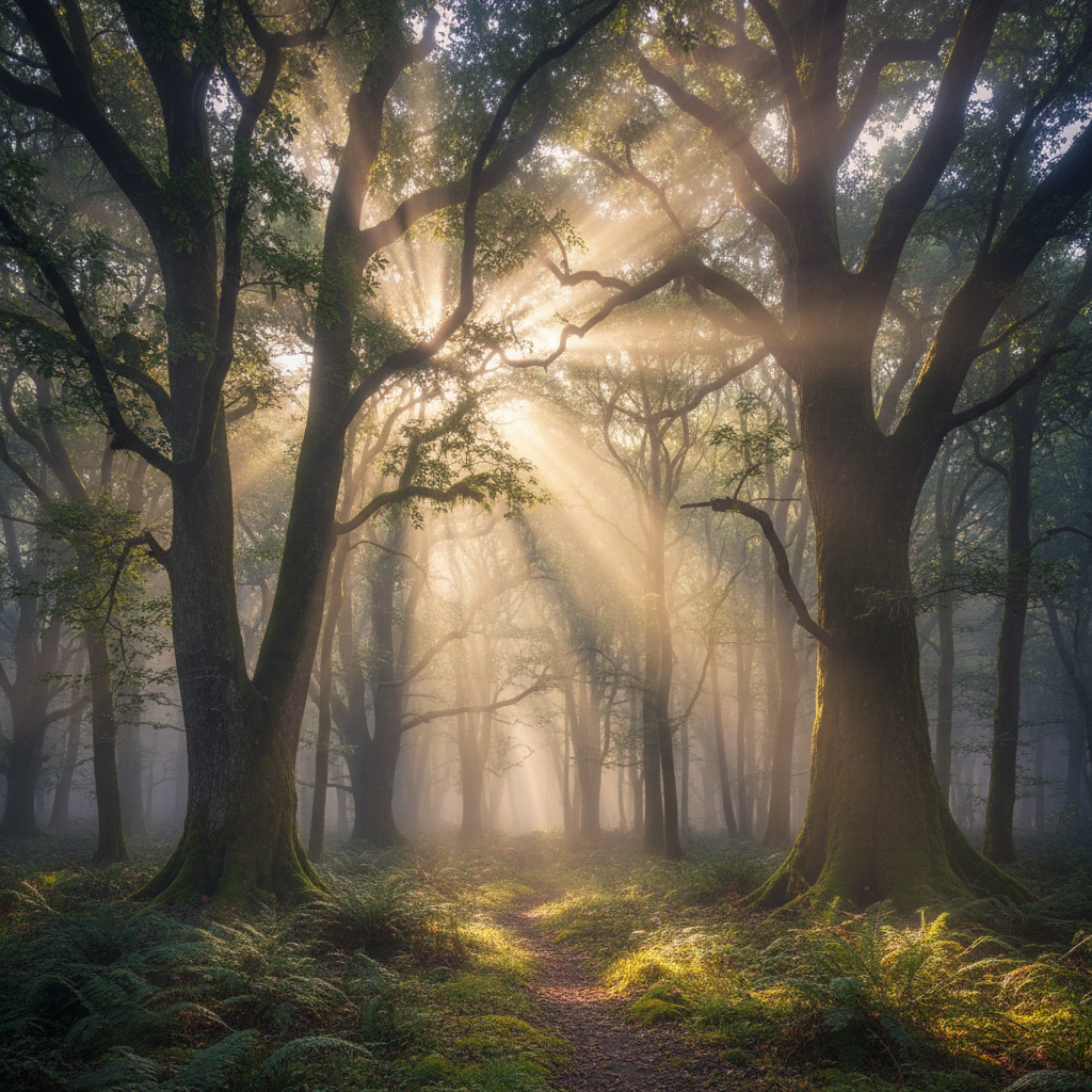 Ancient forest with golden light filtering through trees, mystical atmosphere