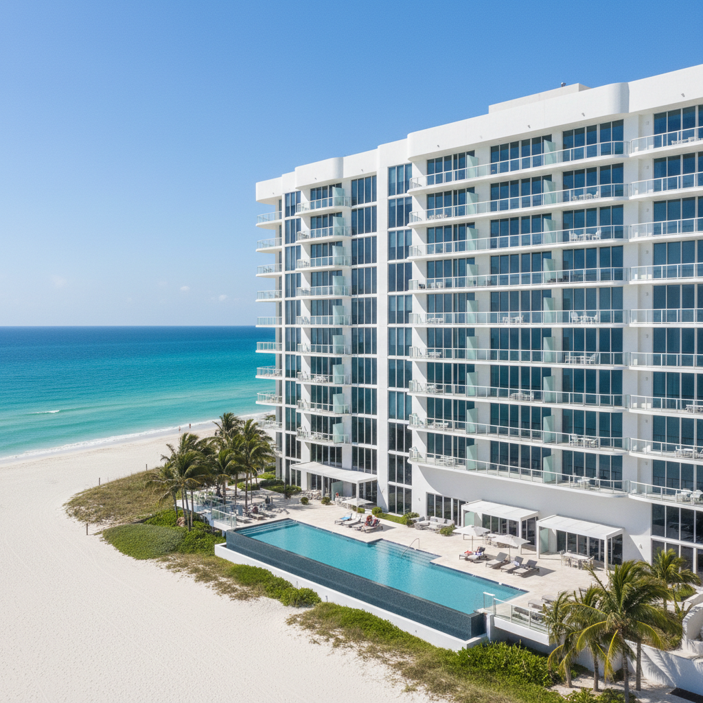 Luxury beachfront apartment tower in Dubai Harbour with private beach access, blue sea views, glass facade