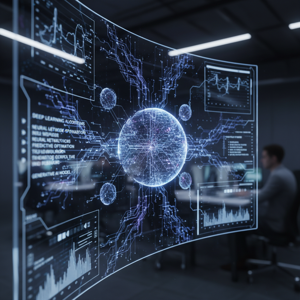 Futuristic technology concept with AI and IoT devices glowing in a dark modern environment