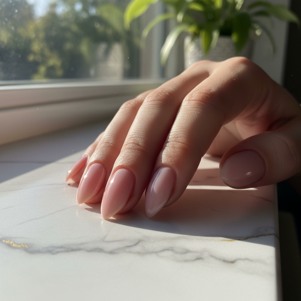 Soft pink nail polish on slender fingers resting on marble surface