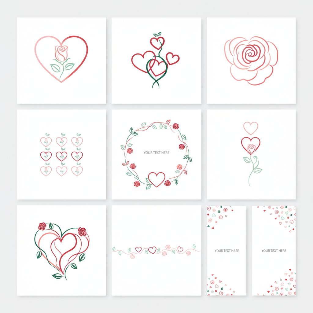 Valentine social media suite showing nine coordinated Instagram posts and story templates with hearts and roses