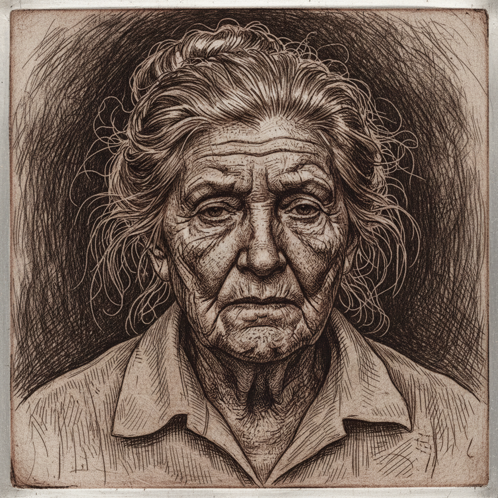 Drypoint etching on zinc, portrait study with rich burr lines