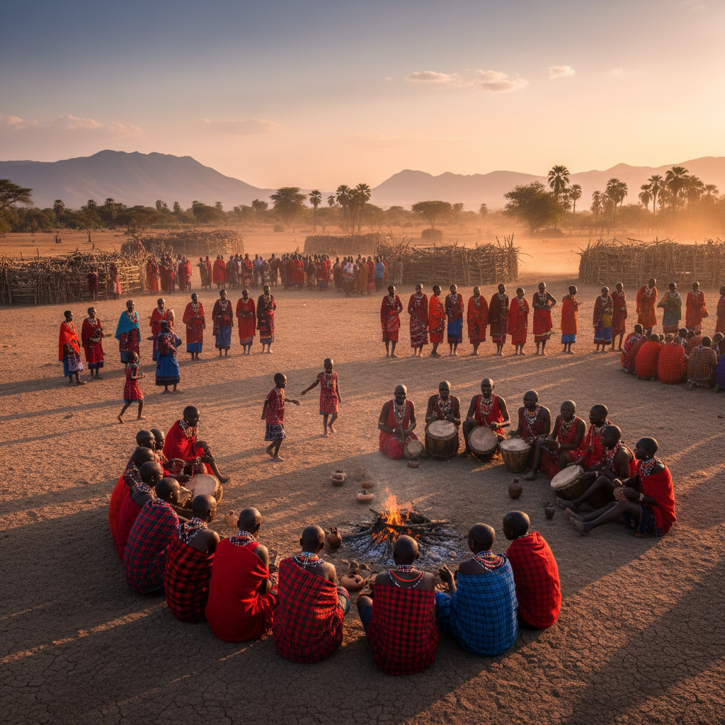 Community gathering at dusk, warm atmospheric shadows, earthy tones
