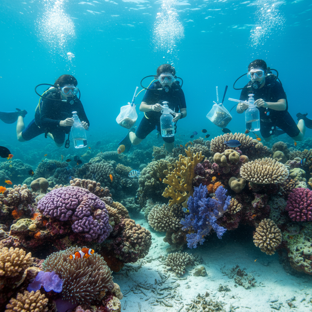 Marine biology students taking water samples near reef formation