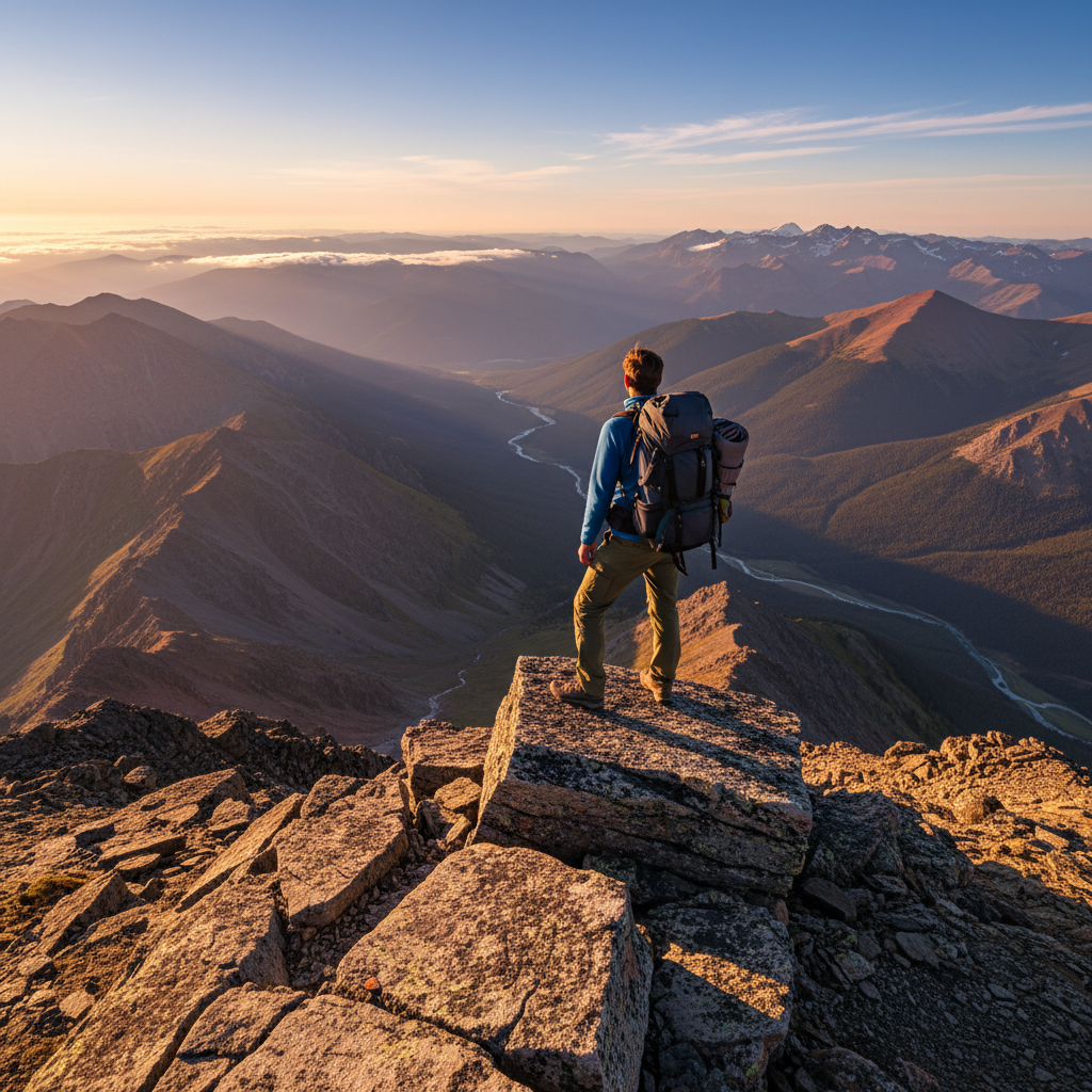 Traveller sitting on mountain overlook at dusk watching a dramatic sunset over vast valley, solitary contemplative moment, cinematic atmosphere
