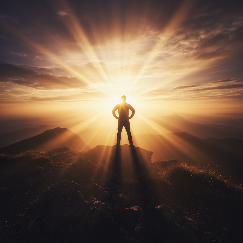 Game cinematic — protagonist silhouette backlit by volumetric light