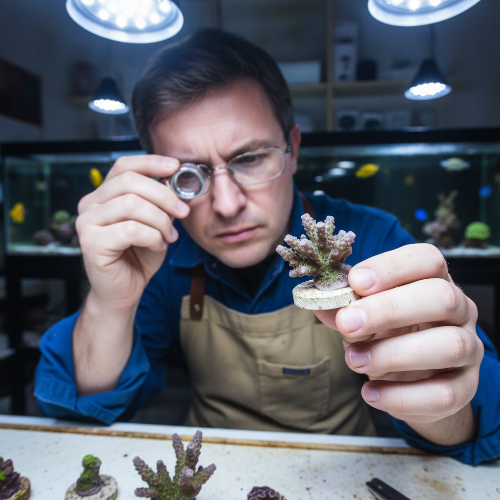 Shop owner carefully examining a coral frag plug under a magnifying lens in the aquarium store