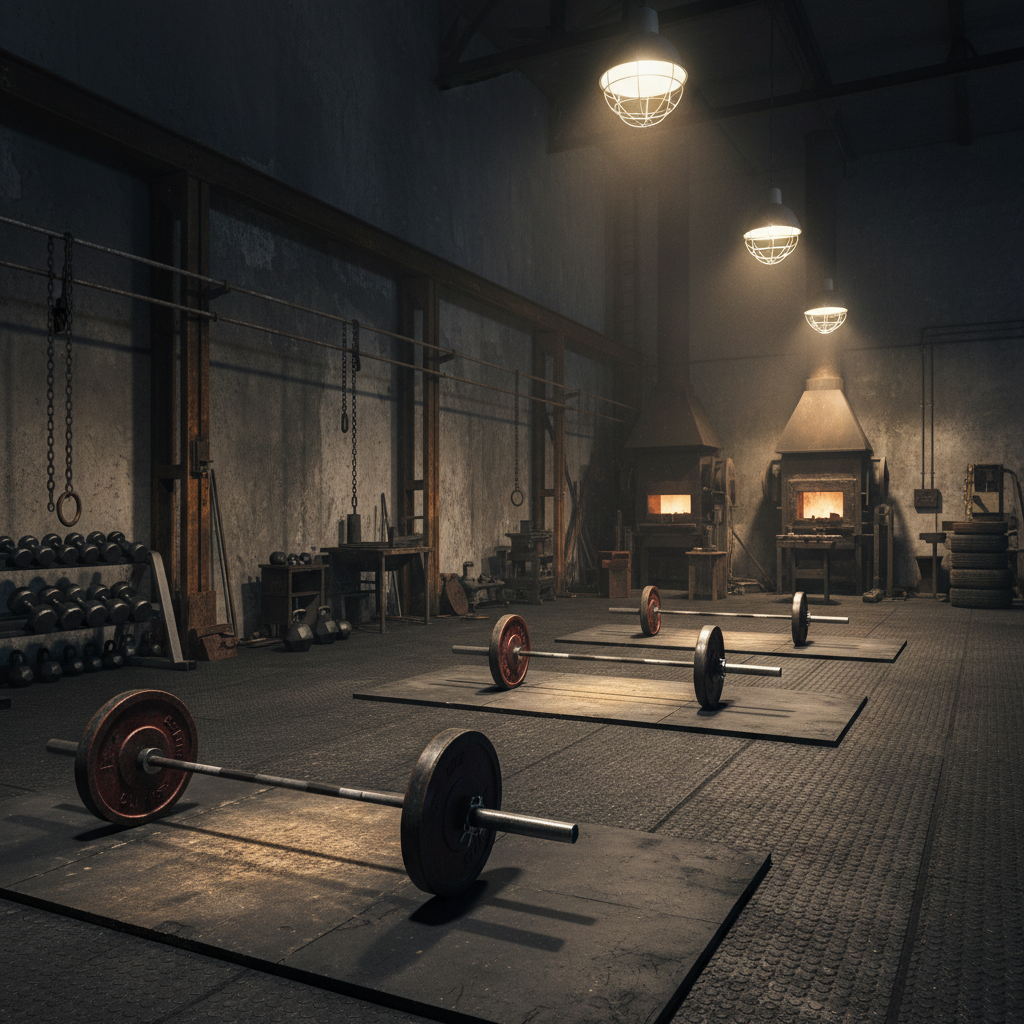 Forge warehouse gym interior with rubber platforms and loaded barbells under industrial lighting