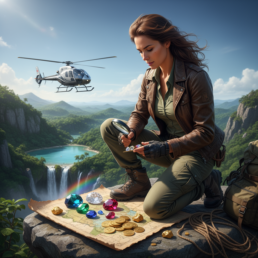 Beautiful woman in adventure gear examining rare gemstones and gold coins while luxury helicopter hovers in tropical paradise background