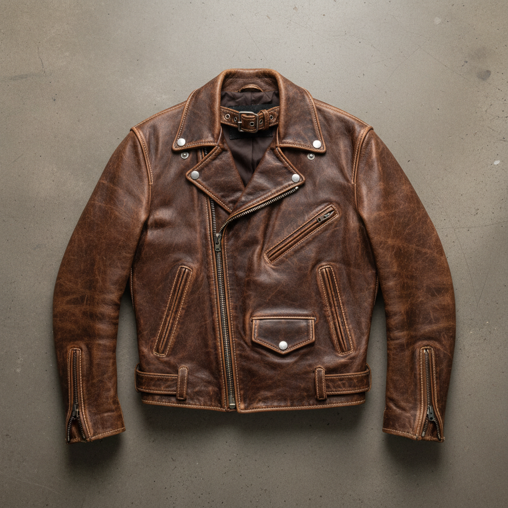 Brown vintage leather jacket laid flat on a light wooden surface