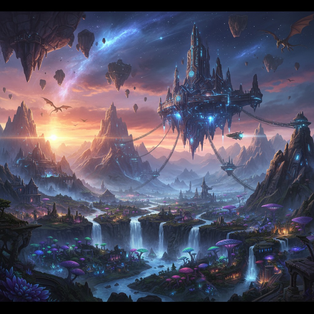 Bright colorful digital game world with dramatic skies and epic landscape