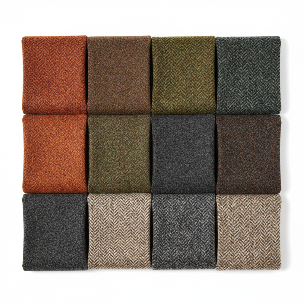 Neatly folded Harris Tweed and herringbone fabric swatches in earth tones
