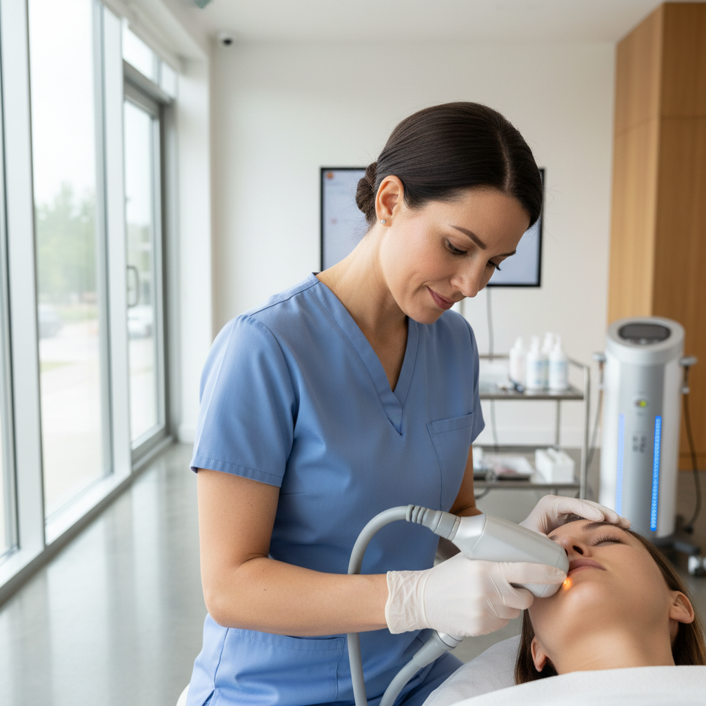 Happy patient receiving aesthetic treatment in comfortable modern clinic setting