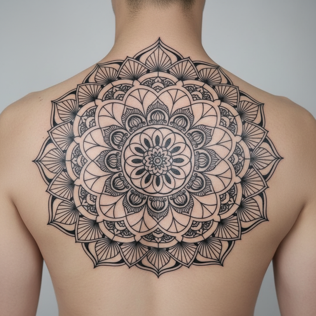 Blackwork mandala tattoo on upper back, geometric symmetry fully healed