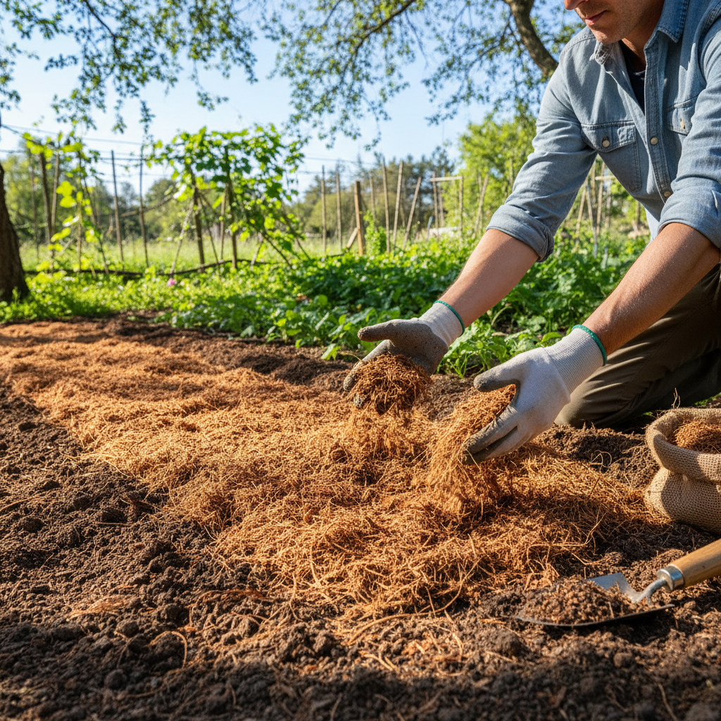 Persona aplicando mulch de fibra de coco en jardín, esparciendo uniformemente con las manos sobre tierra preparada
