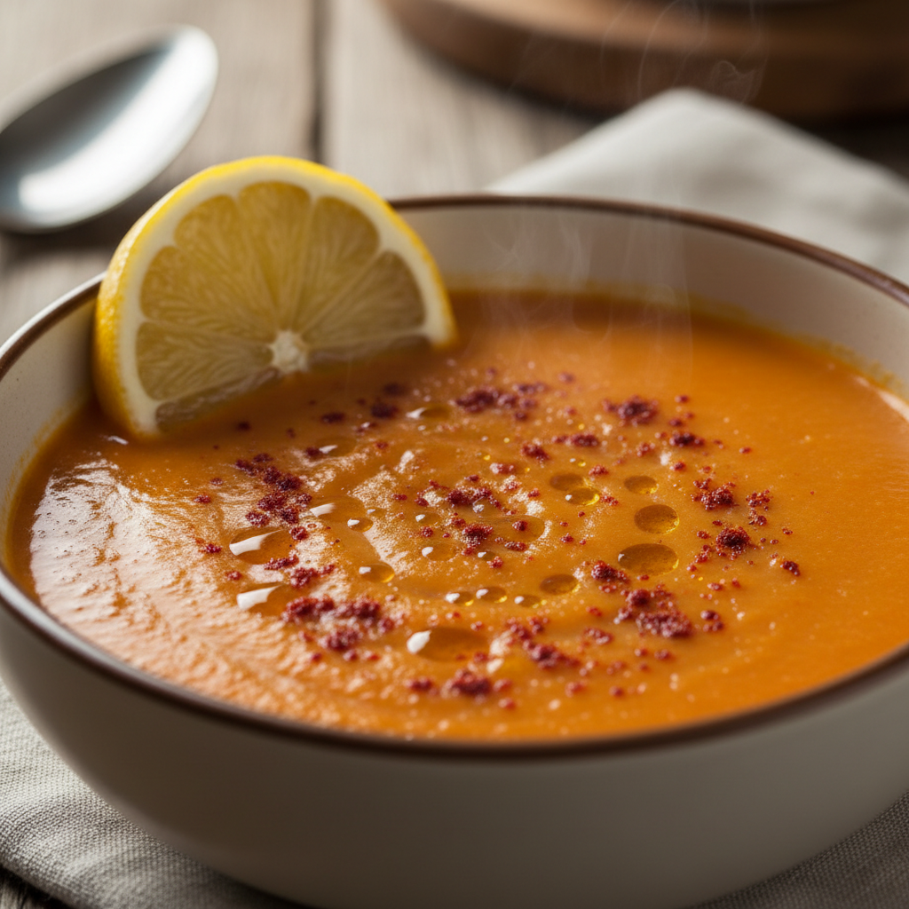 Red lentil soup mercimek corbasi in a bowl with lemon and paprika