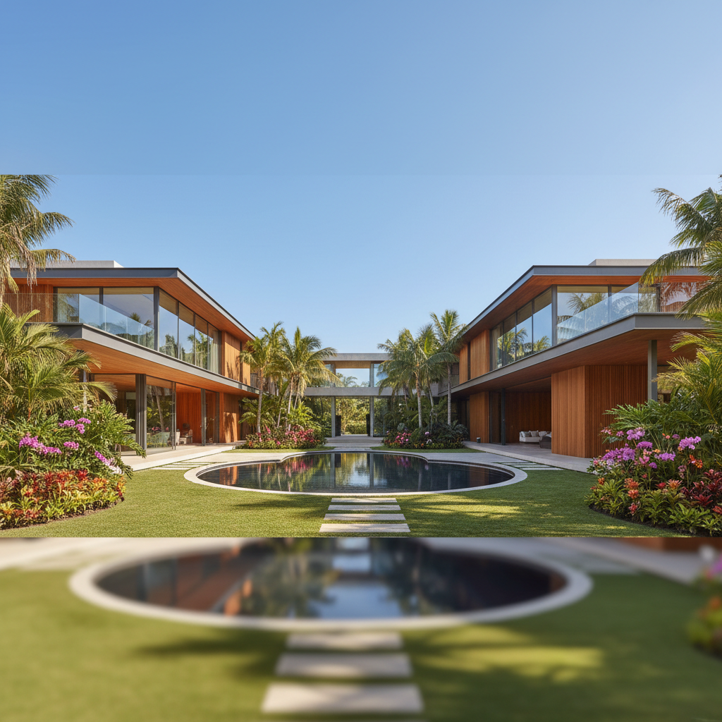 Modern luxury home exterior with wood slat facade, floor-to-ceiling glass windows, manicured tropical landscaping, outdoor terrace, warm twilight lighting, dark dramatic sky