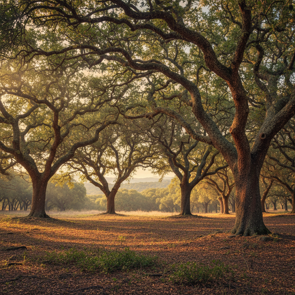 Cork oak forest in Alentejo Portugal, dappled afternoon light through ancient trees, ochre earth