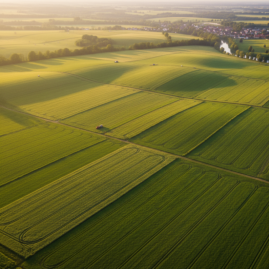 Aerial view of green harvest fields at golden hour
