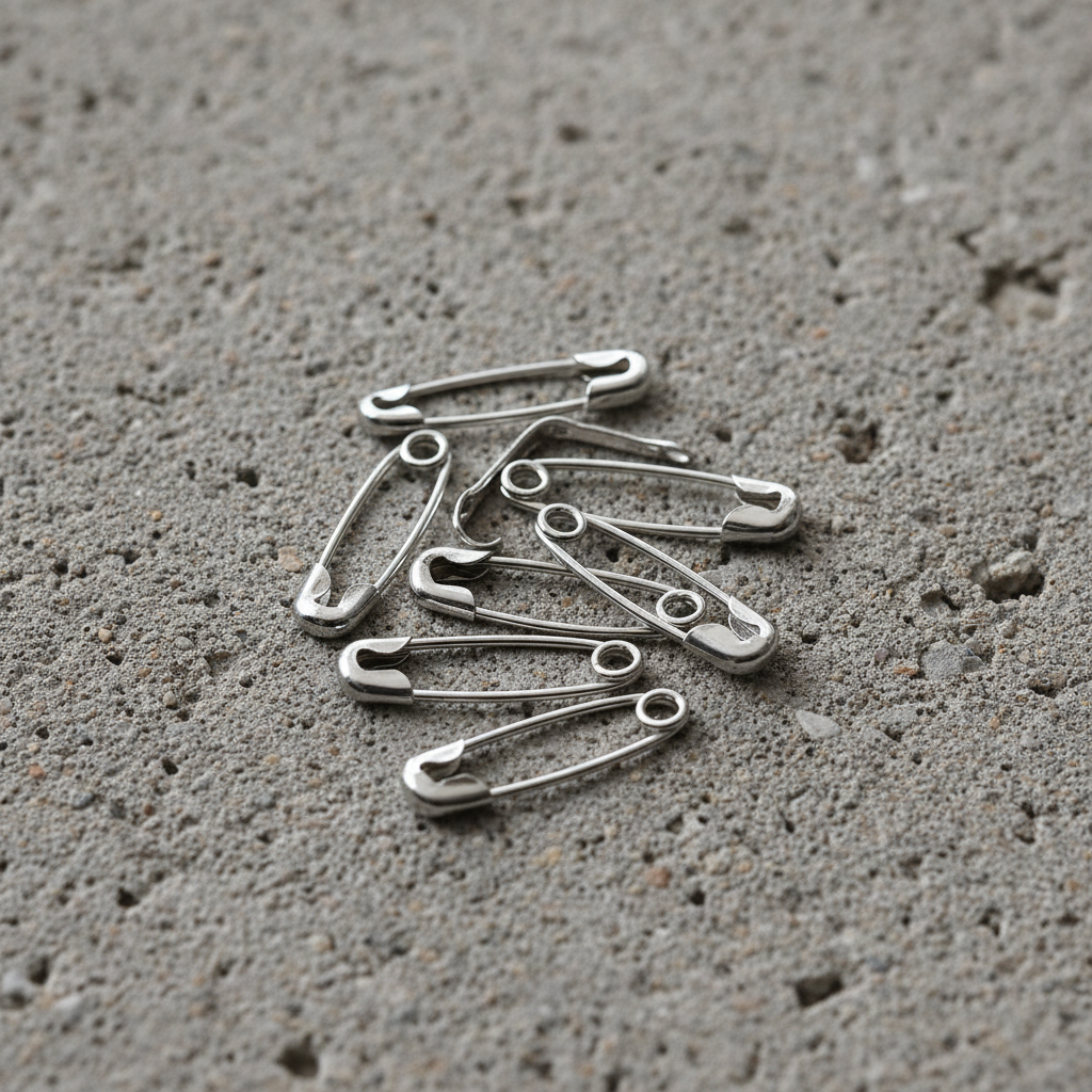 Cluster of safety pin ear hardware pieces on concrete