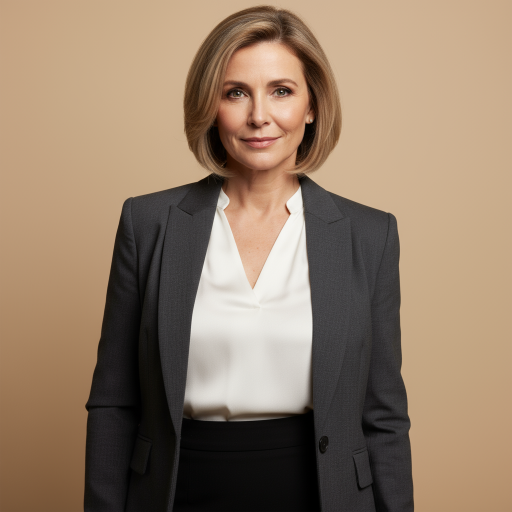 Elegant older woman with graceful posture, warm studio background