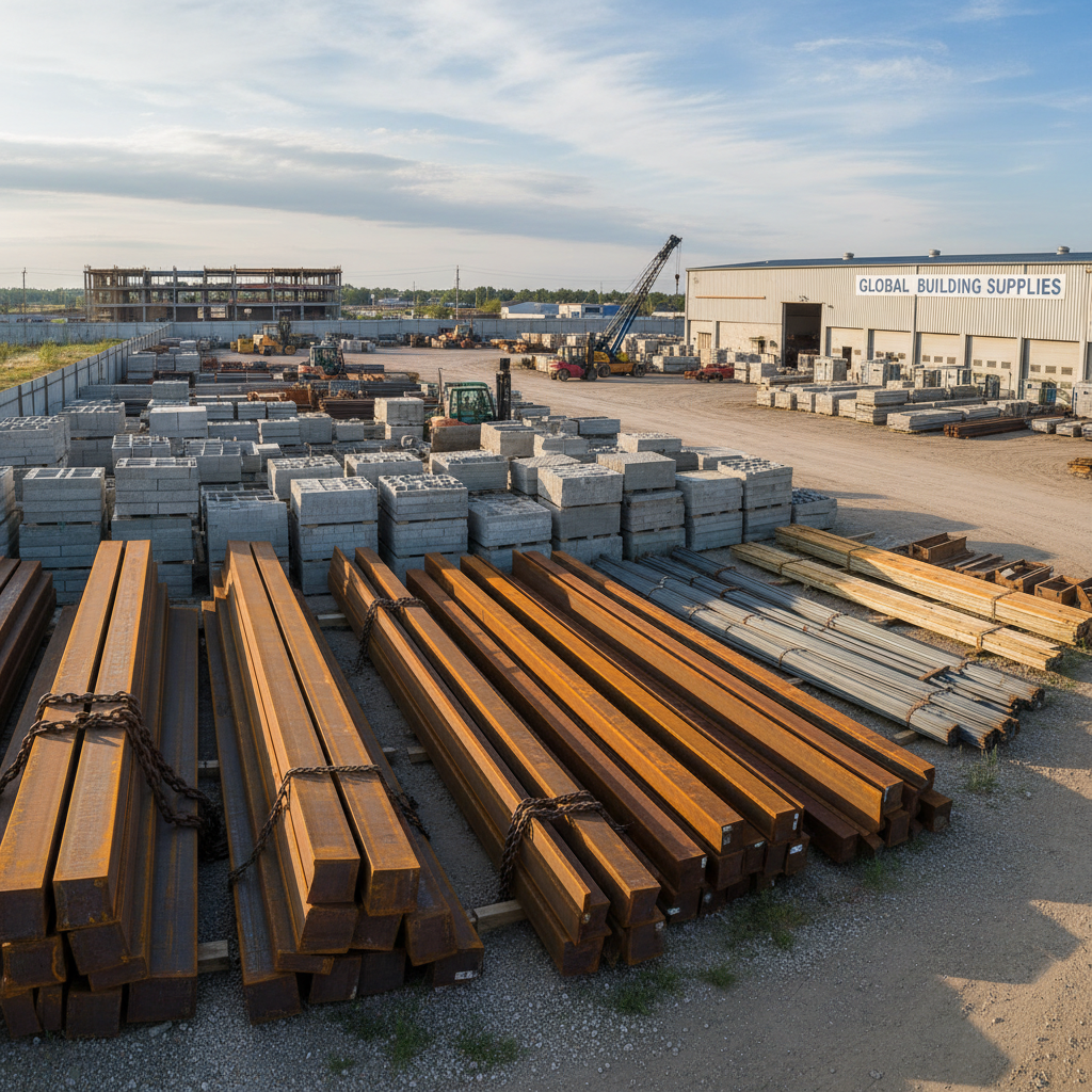 Large structural timber posts and beams stacked at a lumber yard, heavy construction materials