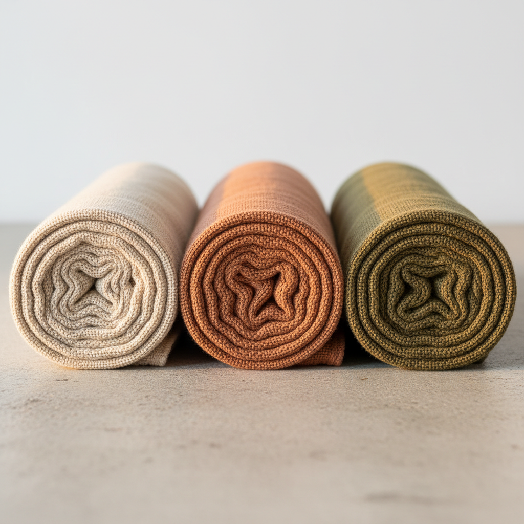 Rolls of natural undyed fabric stacked in warm light, organic cotton texture visible, earthy cream tones