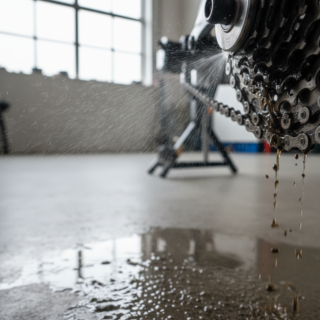 Bicycle chain and cassette drivetrain components being cleaned and lubricated during maintenance