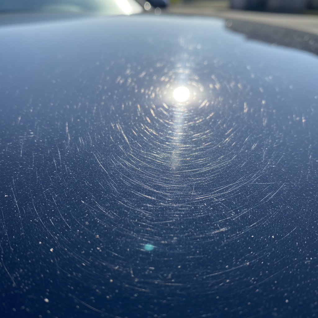 Close-up of swirl-marked clear coat showing fine scratches under direct light on dark paint