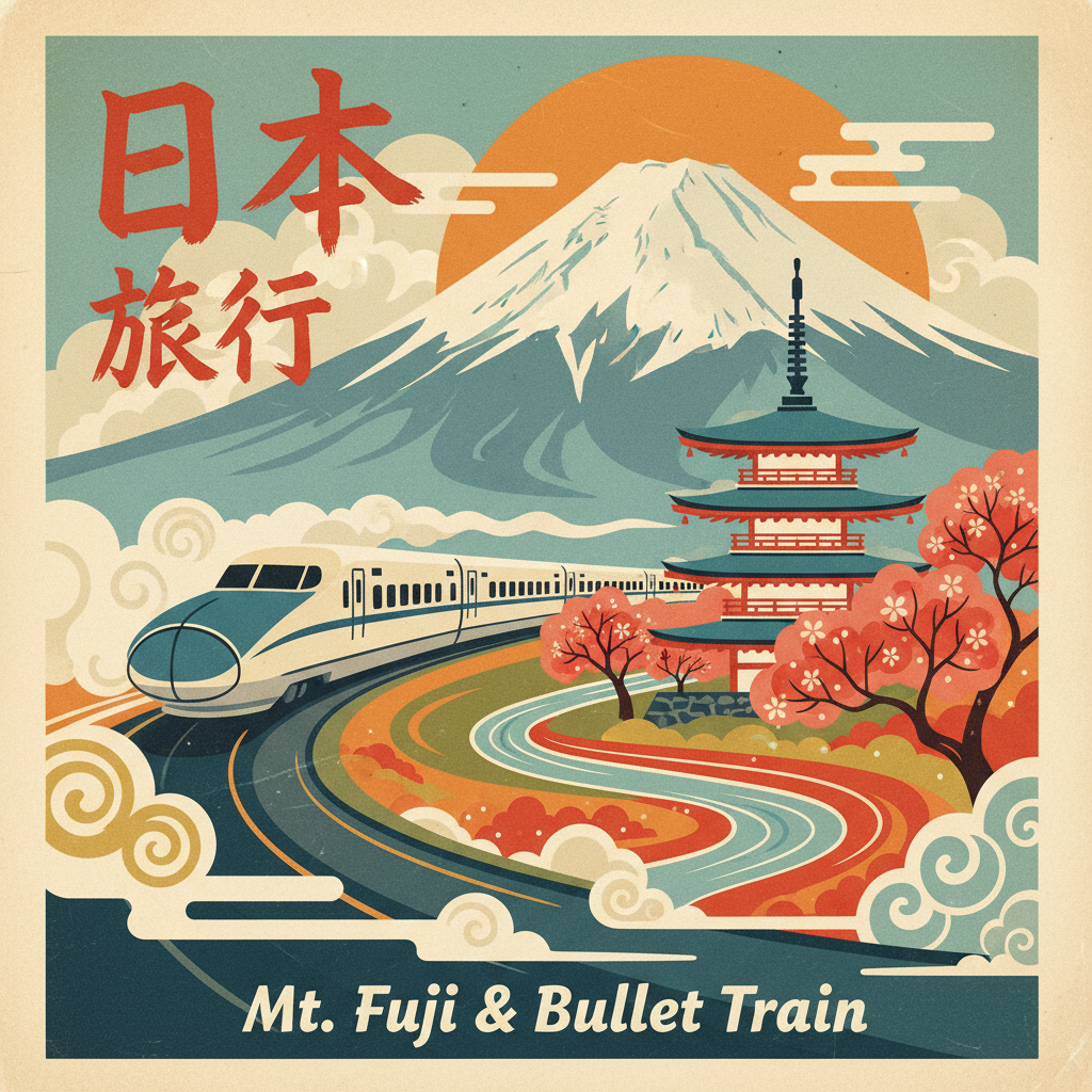 Mid-century Japanese travel poster illustration with bullet train and Mount Fuji