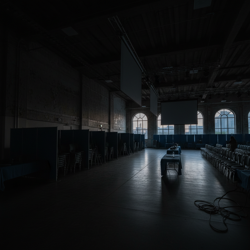 Dark dramatic event venue with spotlights, atmospheric haze, deep shadows, premium event production