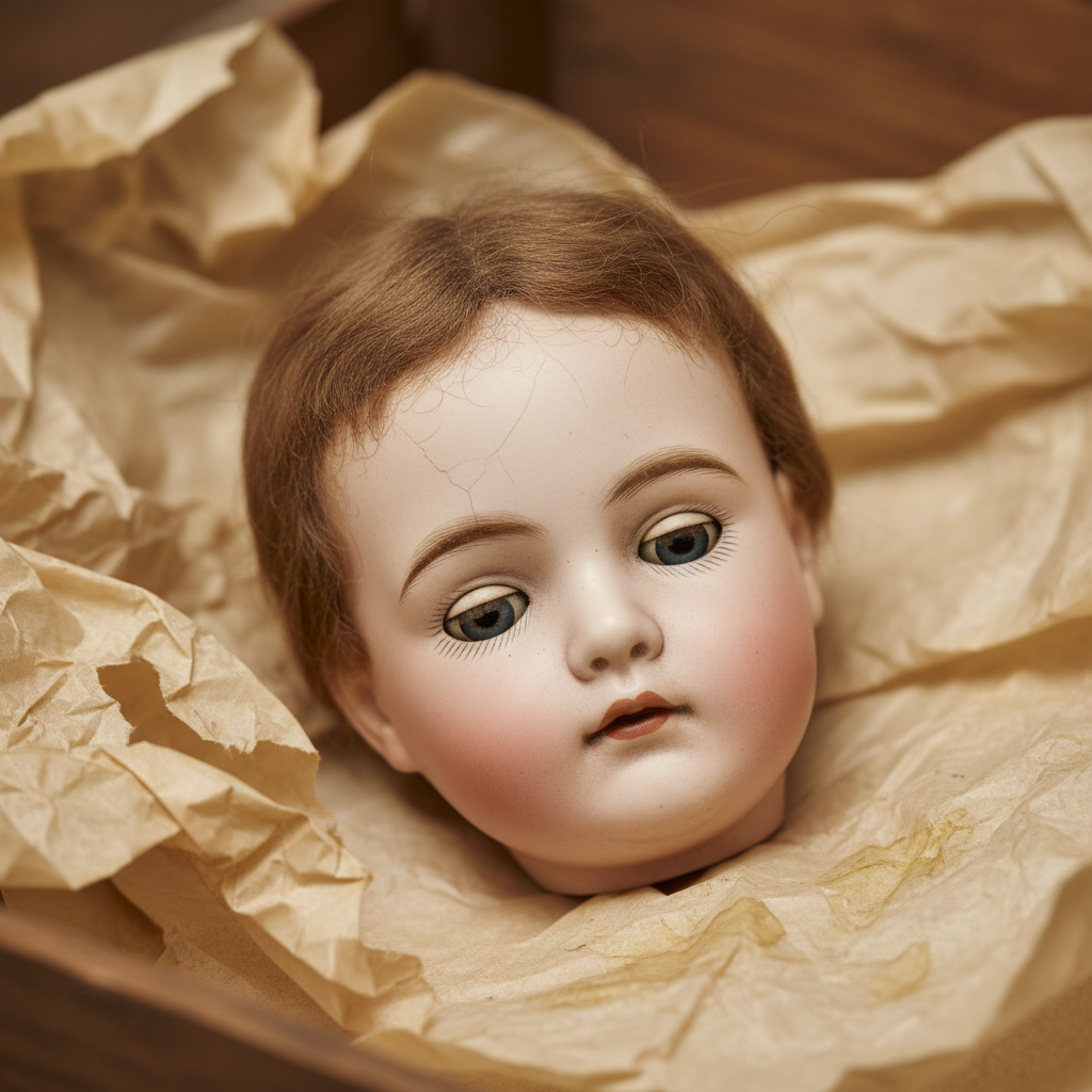 Antique bisque doll head with original sleep eyes and delicate hand-painted features resting on aged tissue paper