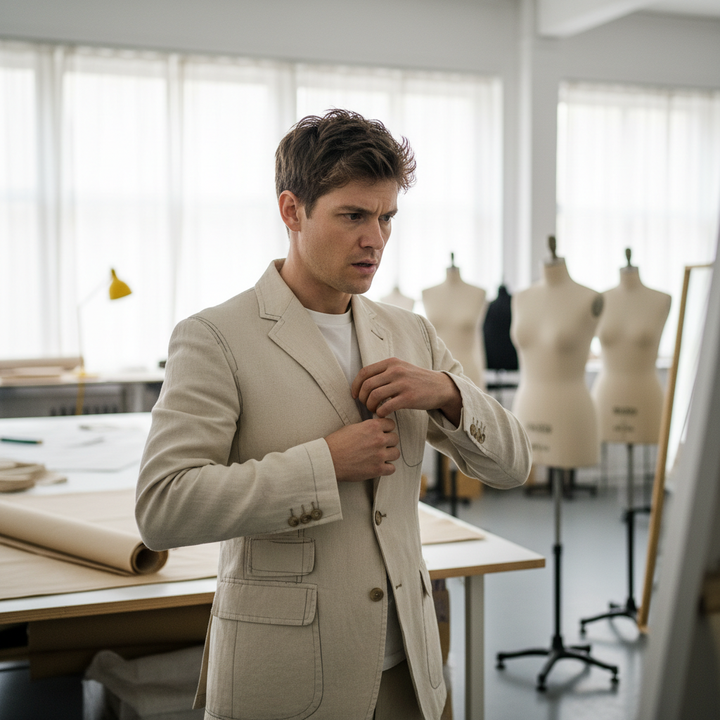 Stylish man in premium outfit, bright airy studio, natural daylight, white walls