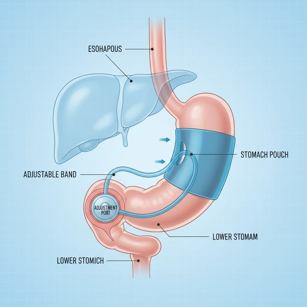 Medical illustration model showing adjustable gastric band placement around upper stomach with adjustment port