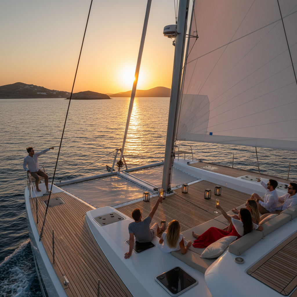 Luxury catamaran sailing on turquoise Aegean waters near Santorini caldera cliffs at sunset
