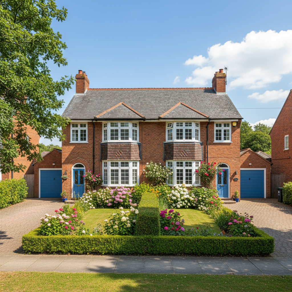 Semi-detached house with shared party wall, front garden, typical UK suburban street
