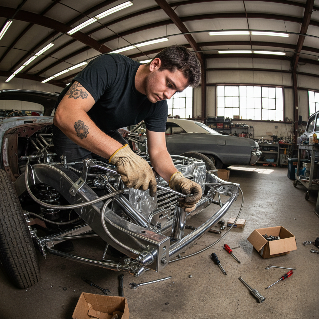 Danny Fuentes, first-time lowrider builder, photographed in a garage setting