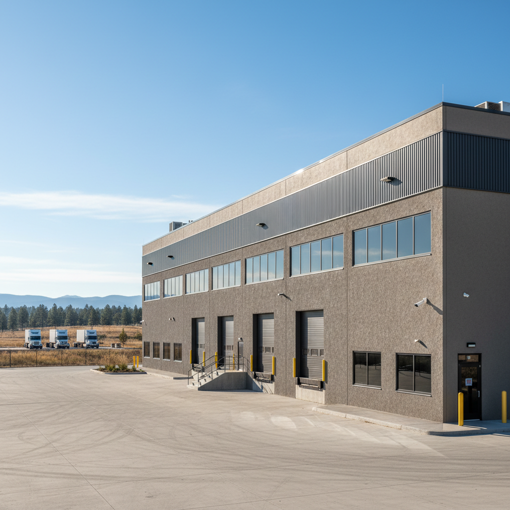 Freight truck parked at a commercial dock in daylight, clean industrial environment, bright open sky