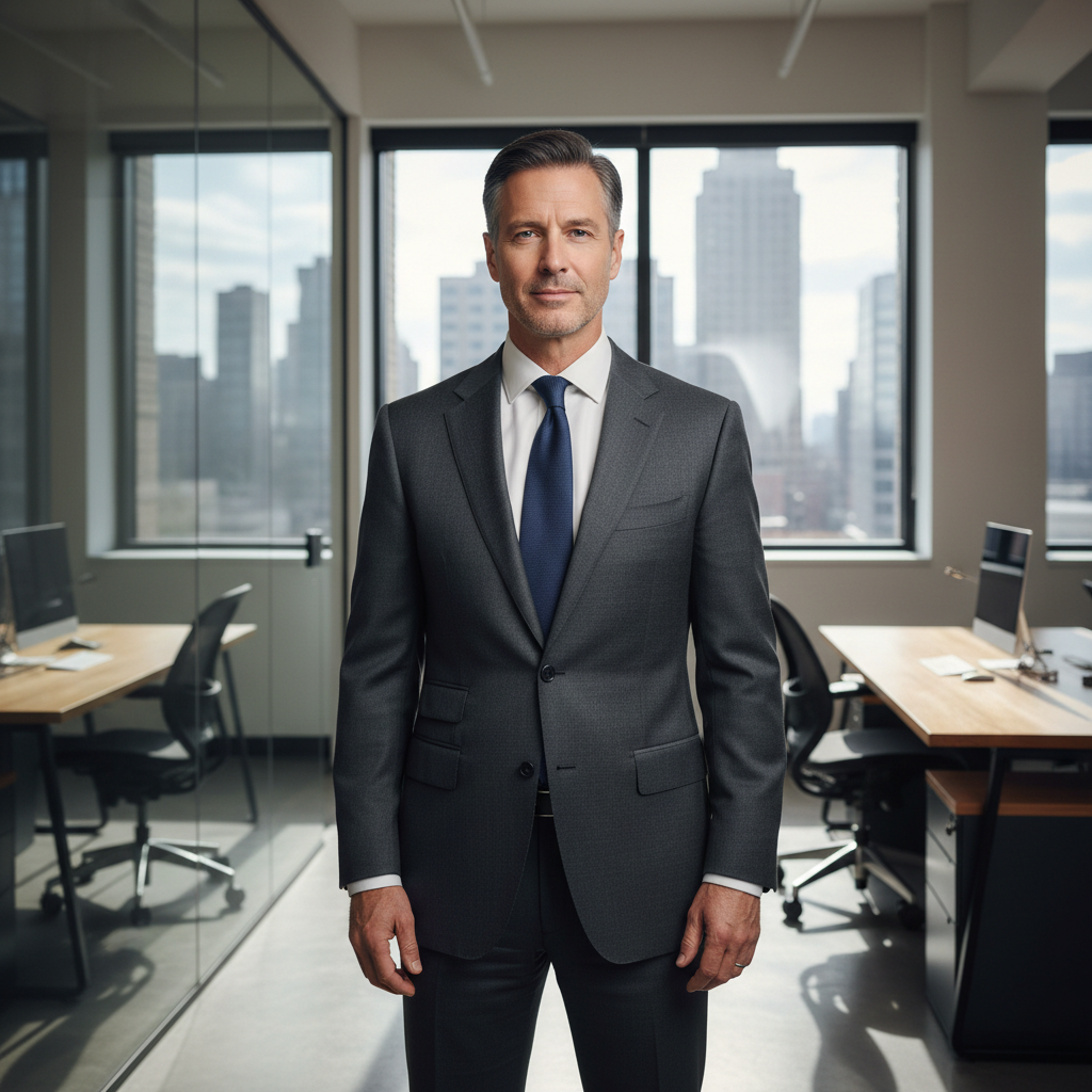 Professional male mentor in business casual attire, confident expression, modern office background