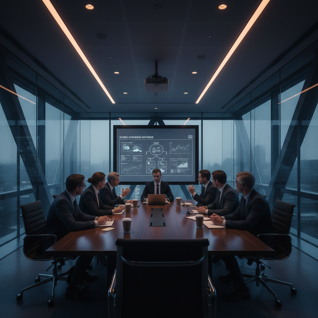 Executive business meeting in dark conference room, professional advisors reviewing financial documents, dim atmospheric lighting, deep shadows