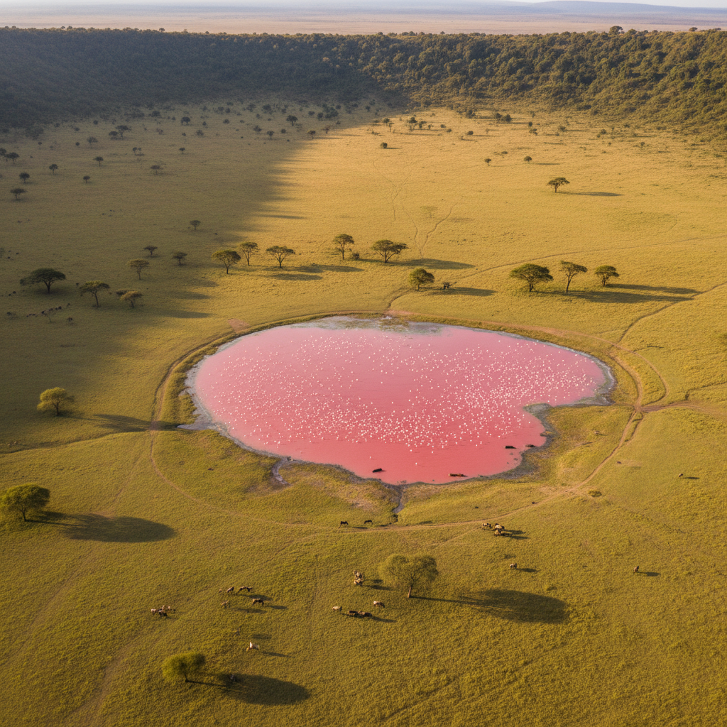 Ngorongoro crater floor with elephant and flamingos visible, aerial perspective