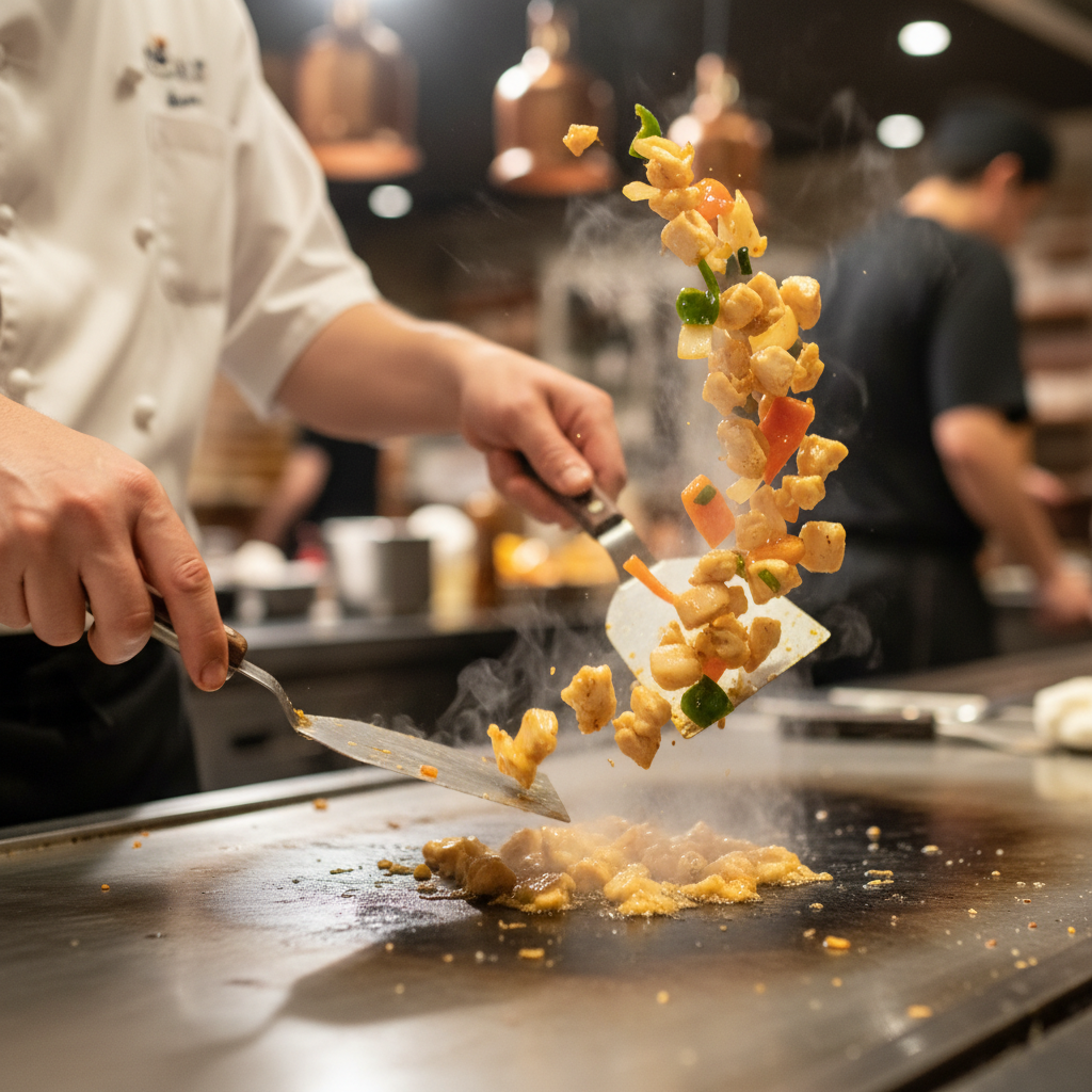 Close-up of chef hands in motion flipping food on teppanyaki griddle with motion blur