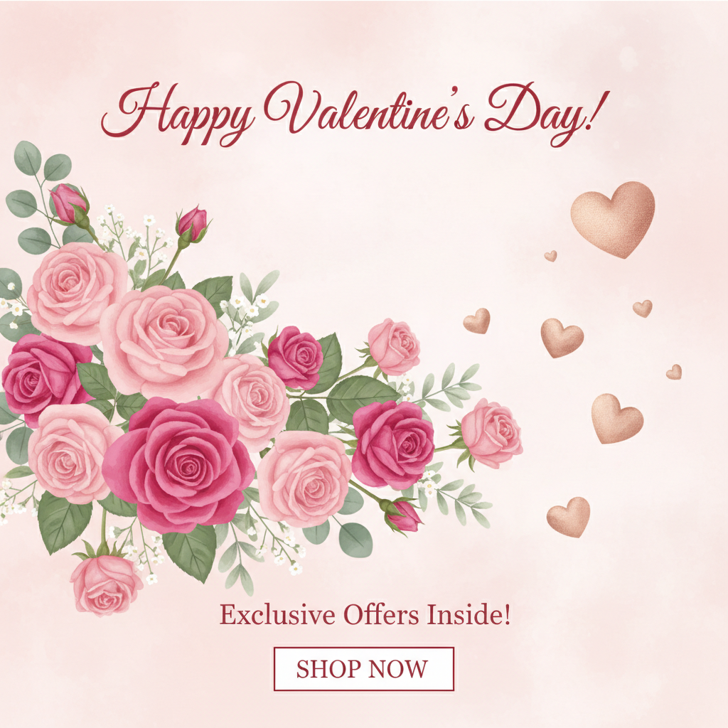 Valentine email header sample with pink roses on blush background