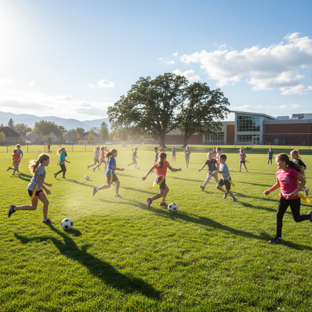 Élèves participant à une activité sportive en plein air dans la cour de l'école