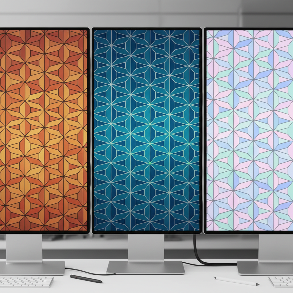 Three colorway variations of the geometric tessellation pattern displayed on a design screen