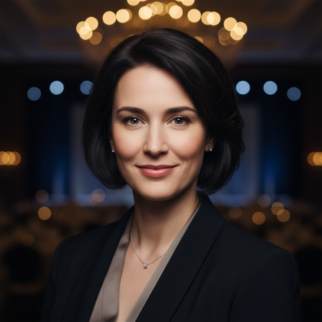 Professional portrait of an events director in elegant dark venue, confident expression