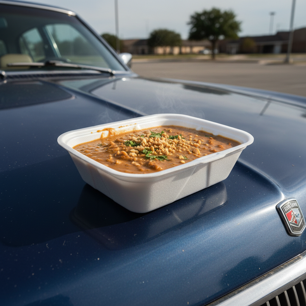 Styrofoam container of peanut butter stew balanced on a car hood